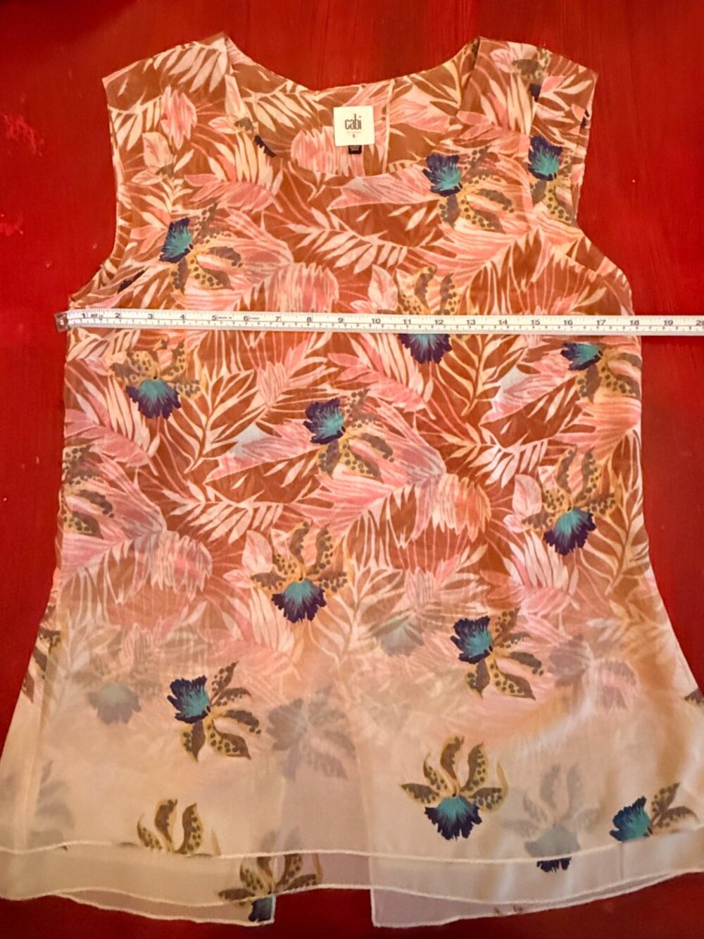 CAbi Parlor Top — Women’s Sleeveless Tropical Floral Chiffon, Sz S - Picture 3 of 6